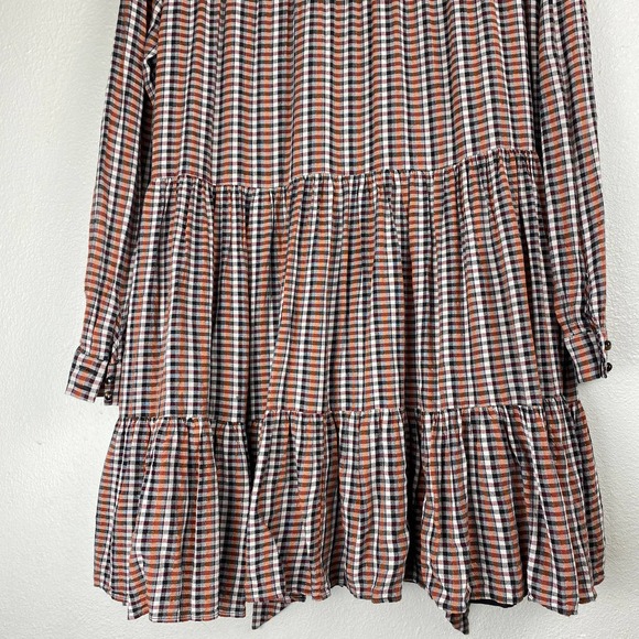 Sezane Selena Dress Lurex Tiles Print Check Tiered Mini Tie Neck Long Sleeve 42 - Picture 11 of 13